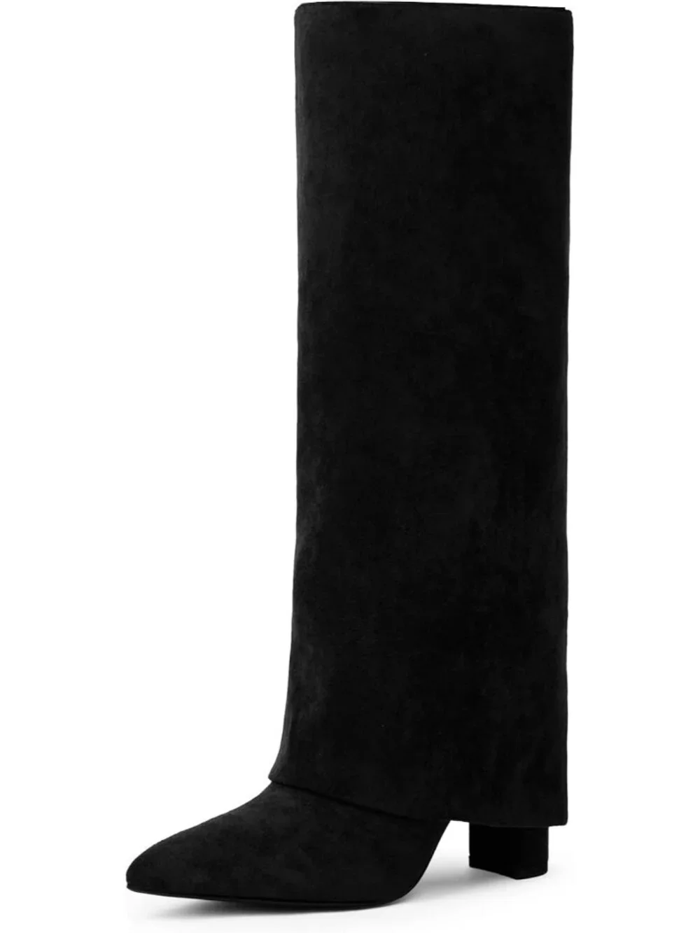 Women's Black Suede Pointed Toe Chunky Heel Faux Leather Over The Knee High Boot